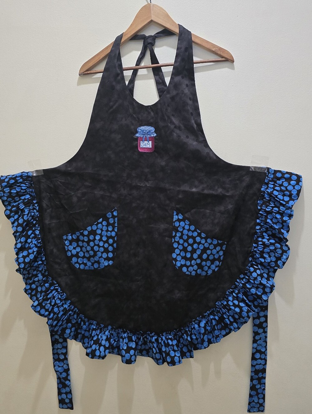 Black Apron with Blue Polka Dot Trim and Pockets - Home Party Supplies